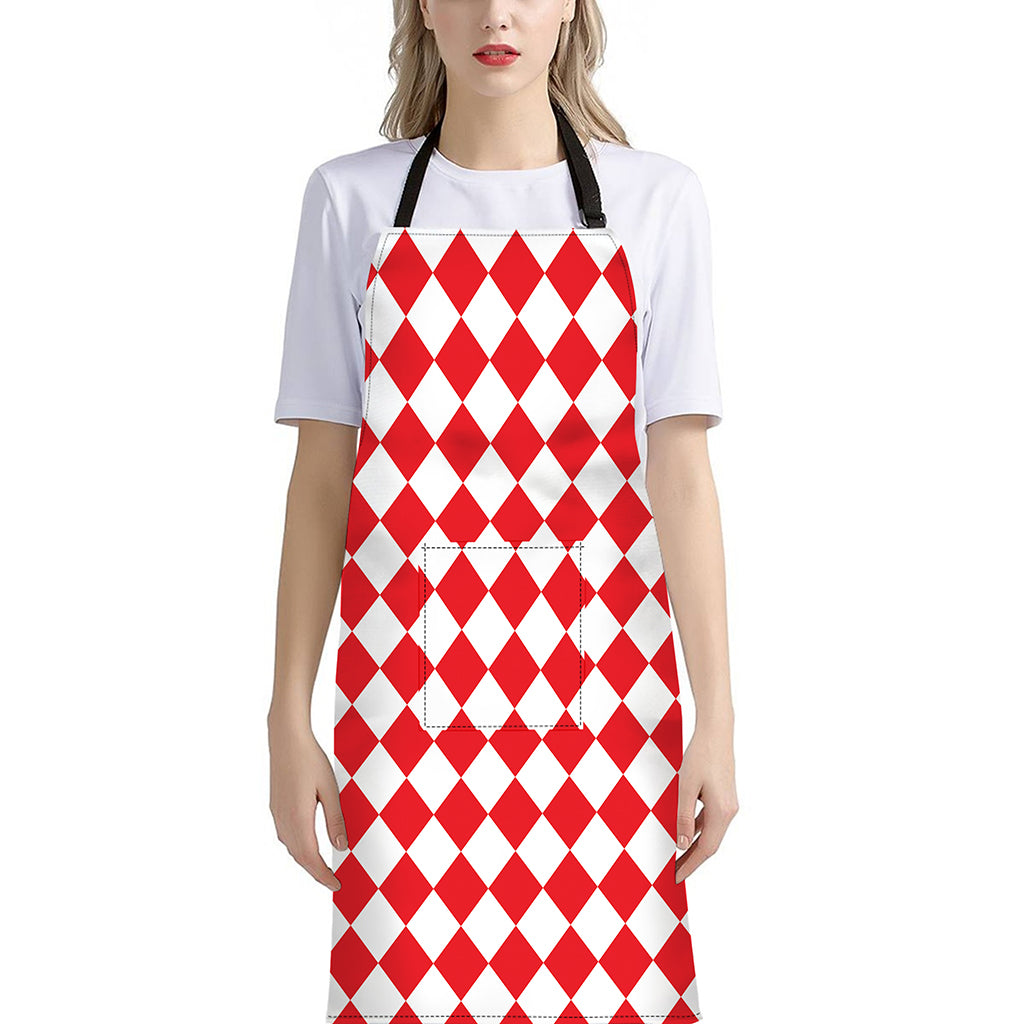 Red And White Harlequin Pattern Print Bib Apron With Pocket