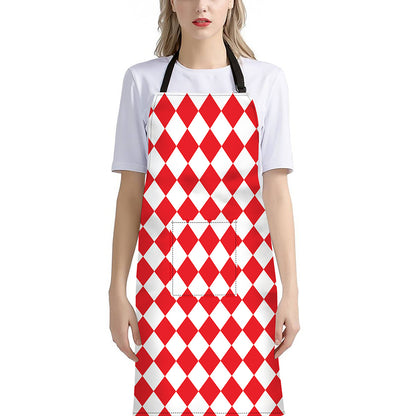 Red And White Harlequin Pattern Print Bib Apron With Pocket