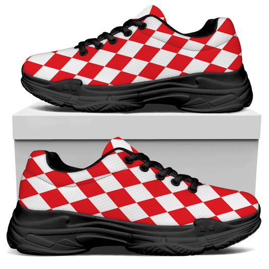 Red And White Harlequin Pattern Print Black Chunky Shoes