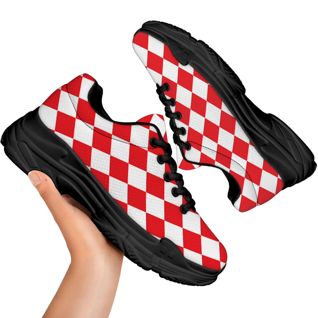 Red And White Harlequin Pattern Print Black Chunky Shoes