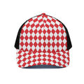 Red And White Harlequin Pattern Print Black Mesh Trucker Hat