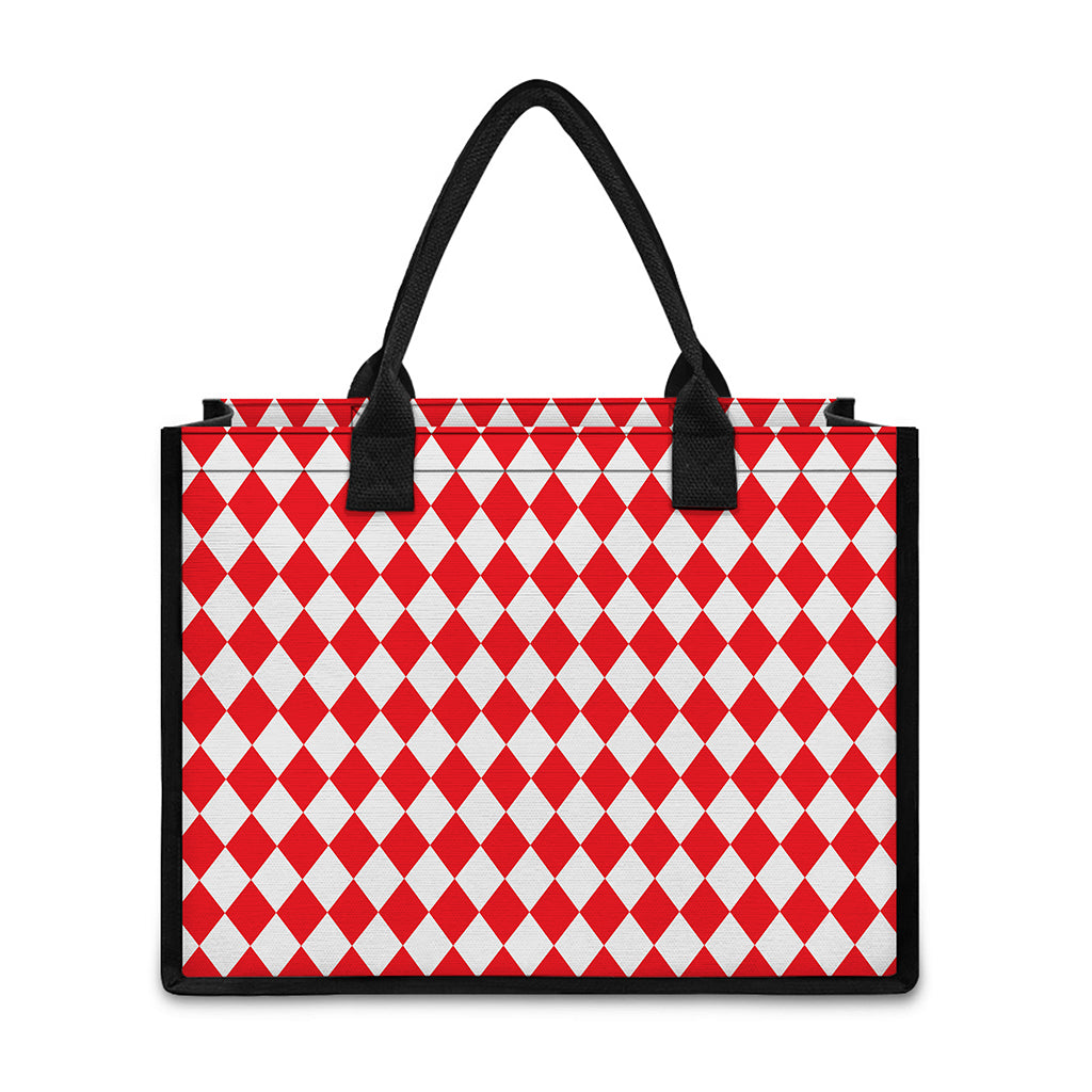Red And White Harlequin Pattern Print Canvas Tote Bag
