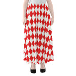 Red And White Harlequin Pattern Print Chiffon Maxi Skirt