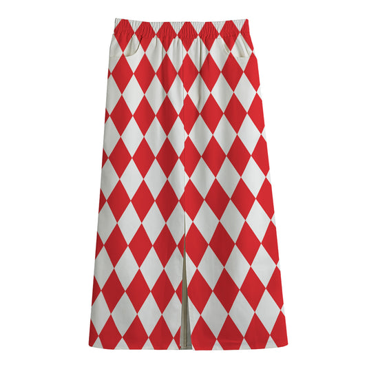 Red And White Harlequin Pattern Print Cotton Front Slit Maxi Skirt