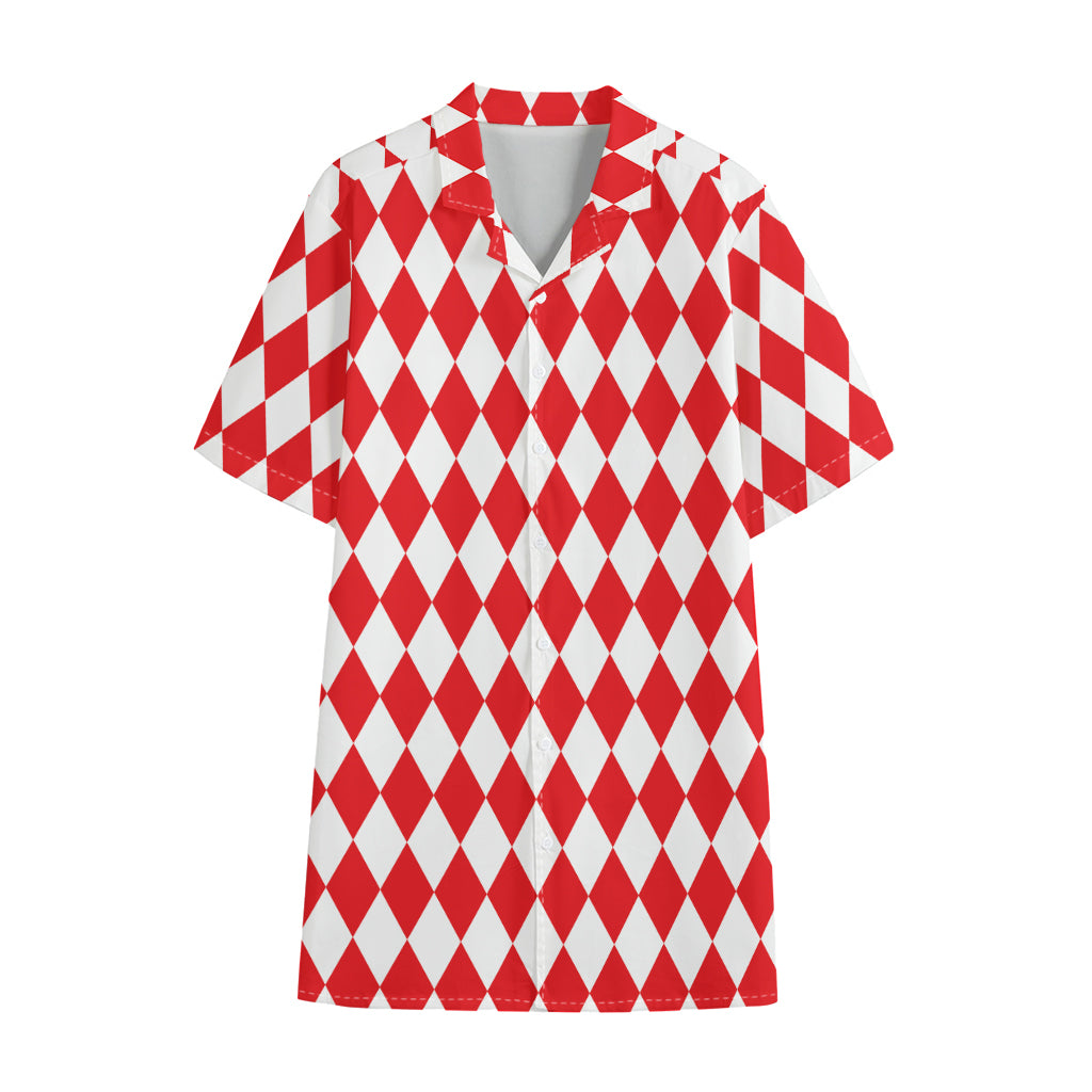 Red And White Harlequin Pattern Print Cotton Hawaiian Shirt