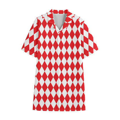 Red And White Harlequin Pattern Print Cotton Hawaiian Shirt