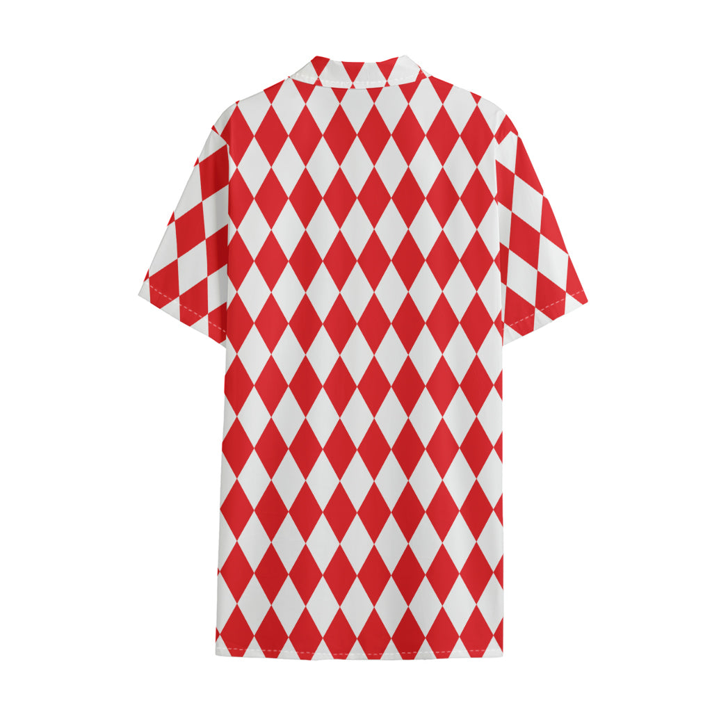 Red And White Harlequin Pattern Print Cotton Hawaiian Shirt