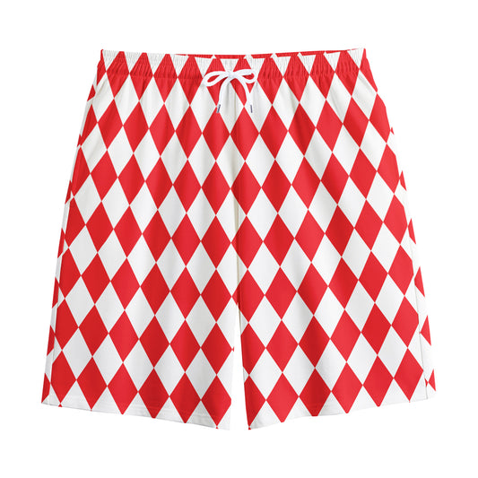 Red And White Harlequin Pattern Print Cotton Shorts
