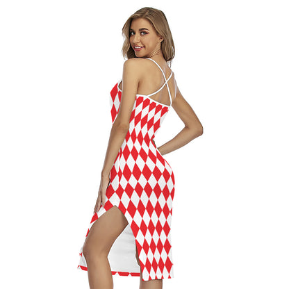 Red And White Harlequin Pattern Print Cross Back Cami Dress