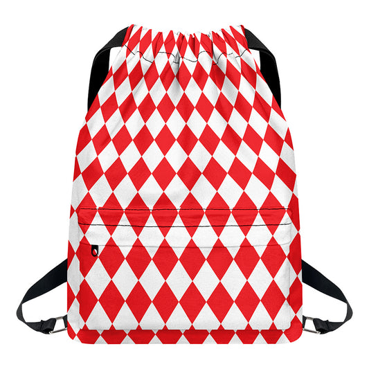 Red And White Harlequin Pattern Print Drawstring Backpack