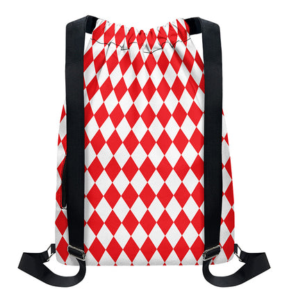 Red And White Harlequin Pattern Print Drawstring Backpack