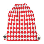 Red And White Harlequin Pattern Print Drawstring Bag
