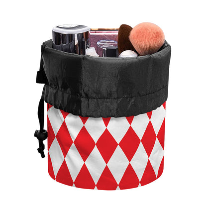 Red And White Harlequin Pattern Print Drawstring Makeup Bag