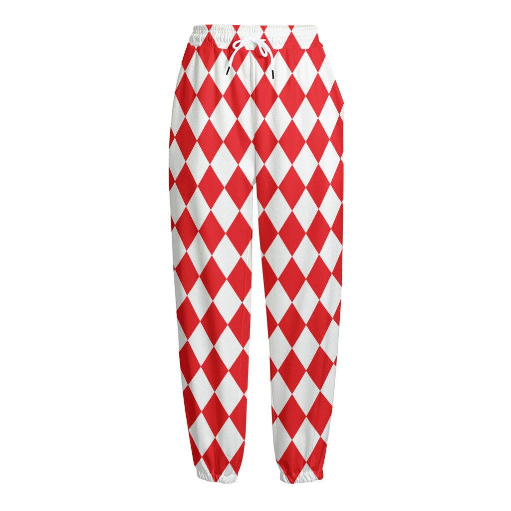 Red And White Harlequin Pattern Print Fleece Lined Knit Pants