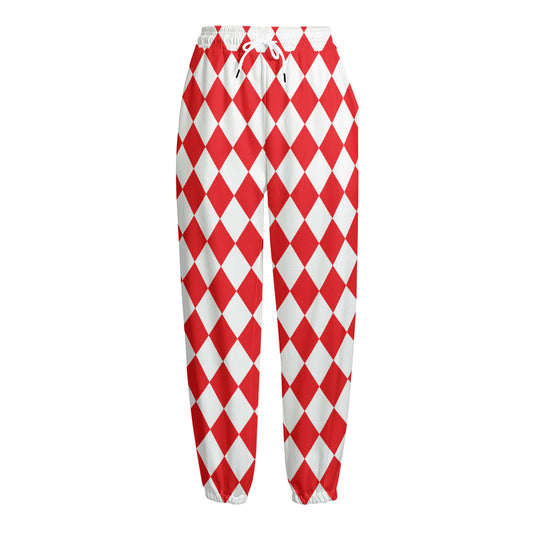 Red And White Harlequin Pattern Print Fleece Lined Knit Pants