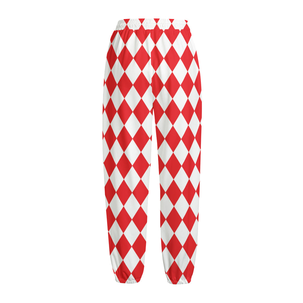 Red And White Harlequin Pattern Print Fleece Lined Knit Pants