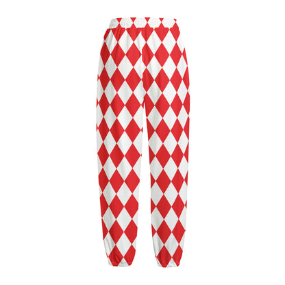 Red And White Harlequin Pattern Print Fleece Lined Knit Pants