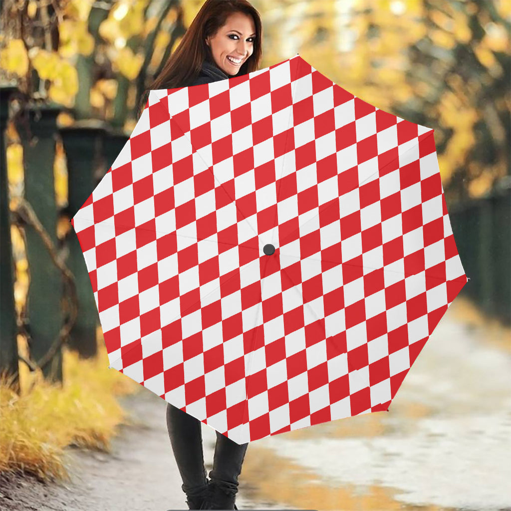 Red And White Harlequin Pattern Print Foldable Umbrella