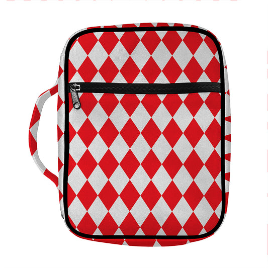 Red And White Harlequin Pattern Print Front Pocket Bible Bag