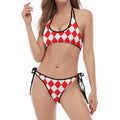 Red And White Harlequin Pattern Print Halter Scoop Tie Side Bikini