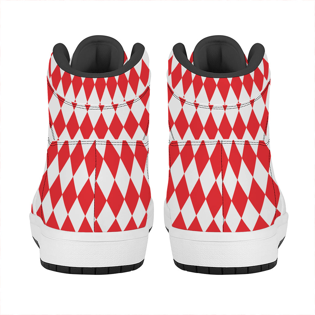 Red And White Harlequin Pattern Print High Top Leather Sneakers