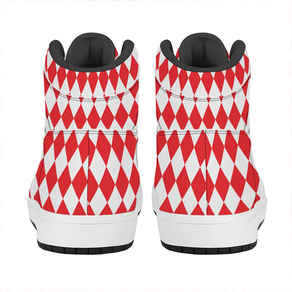 Red And White Harlequin Pattern Print High Top Leather Sneakers