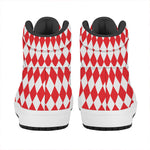 Red And White Harlequin Pattern Print High Top Leather Sneakers