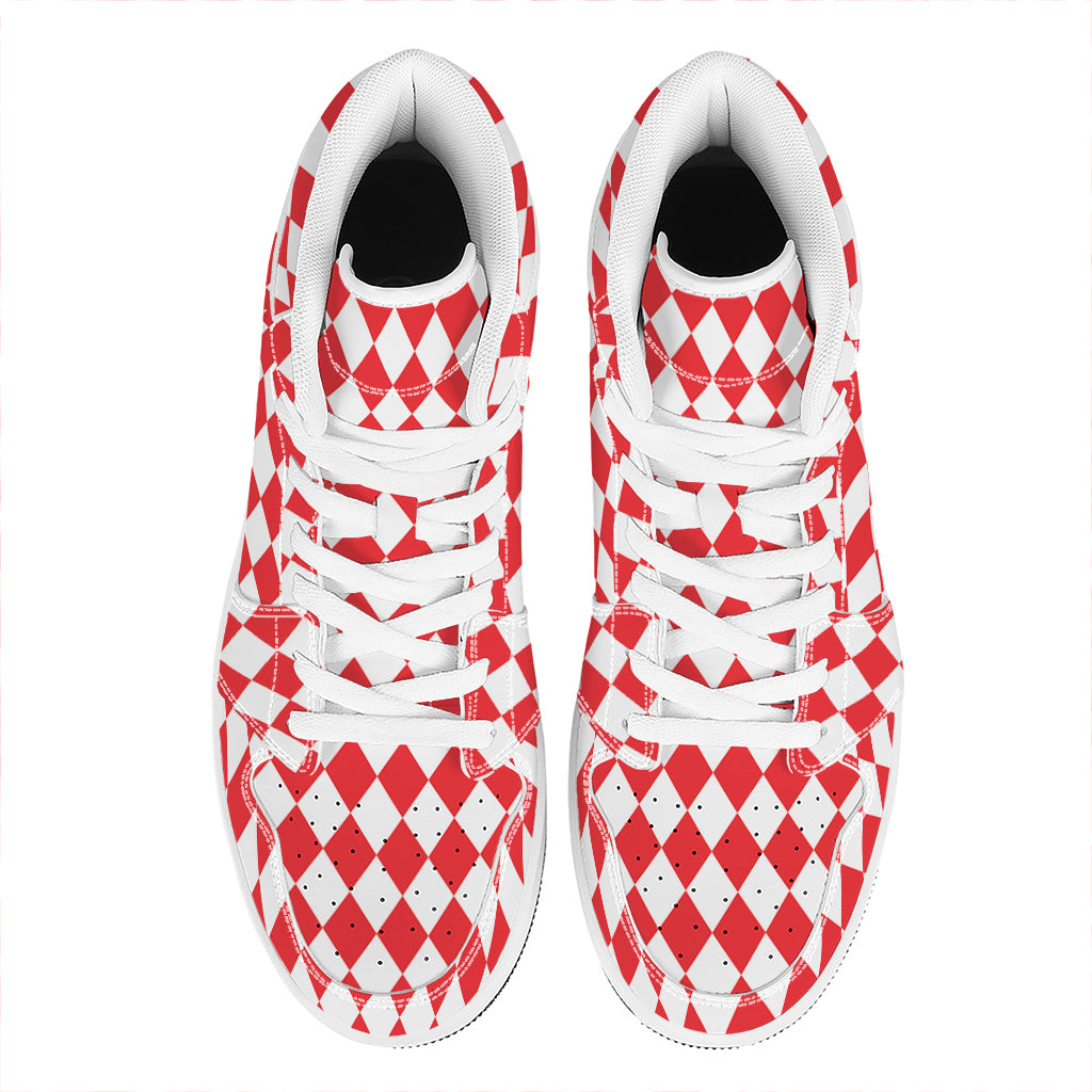 Red And White Harlequin Pattern Print High Top Leather Sneakers