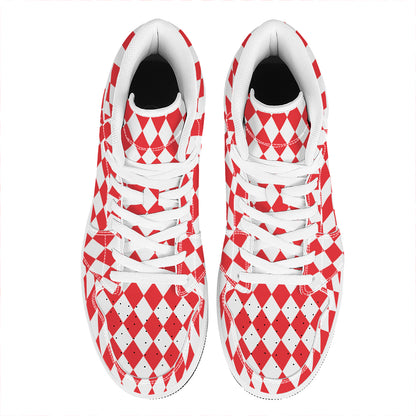 Red And White Harlequin Pattern Print High Top Leather Sneakers