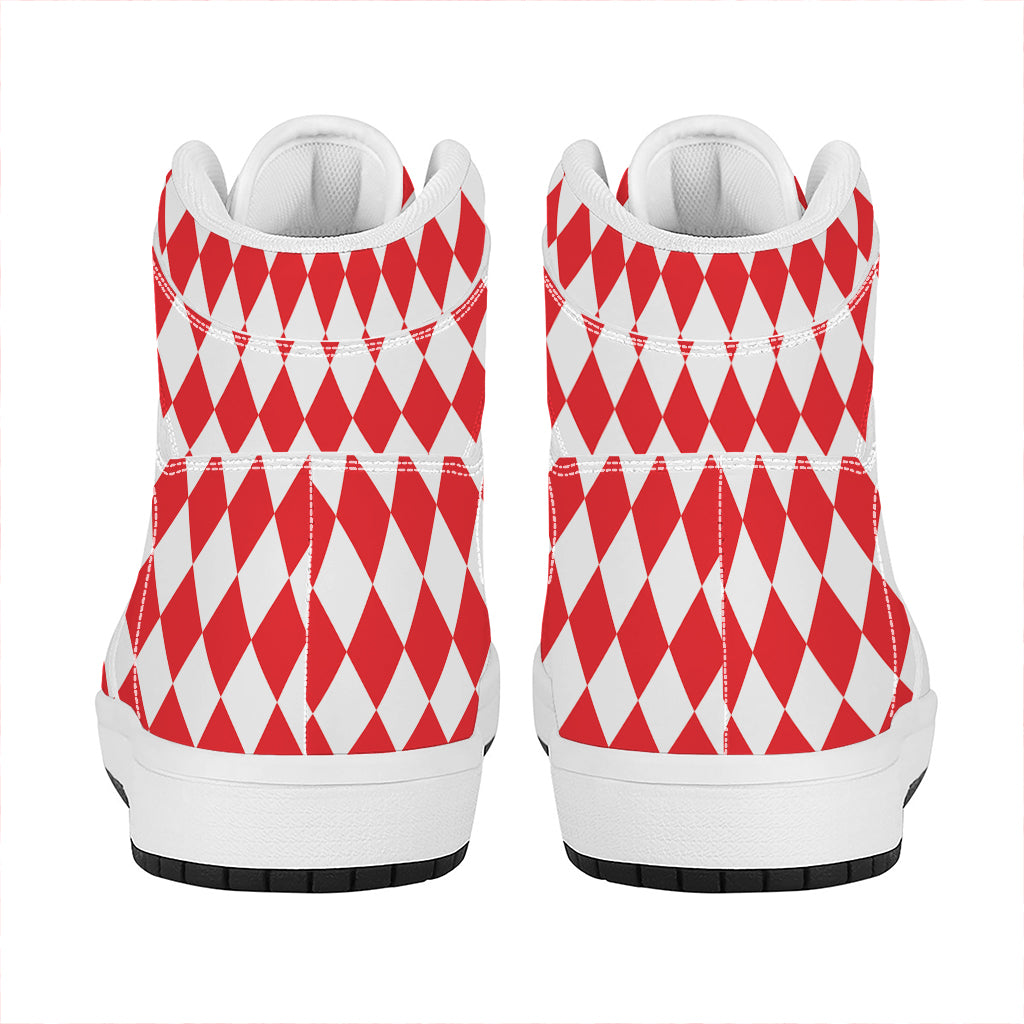 Red And White Harlequin Pattern Print High Top Leather Sneakers