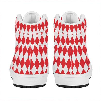 Red And White Harlequin Pattern Print High Top Leather Sneakers