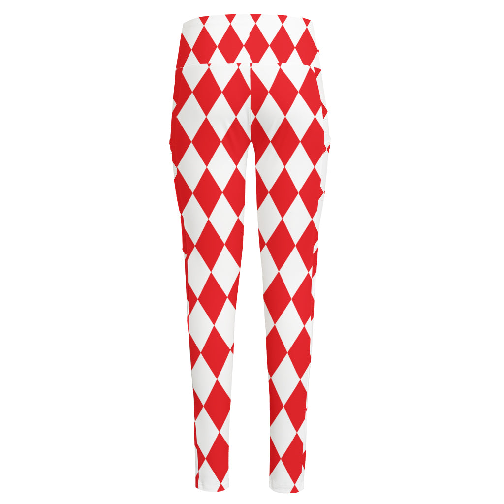 Red And White Harlequin Pattern Print High-Waisted Pocket Leggings