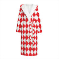 Red And White Harlequin Pattern Print Hooded Bathrobe