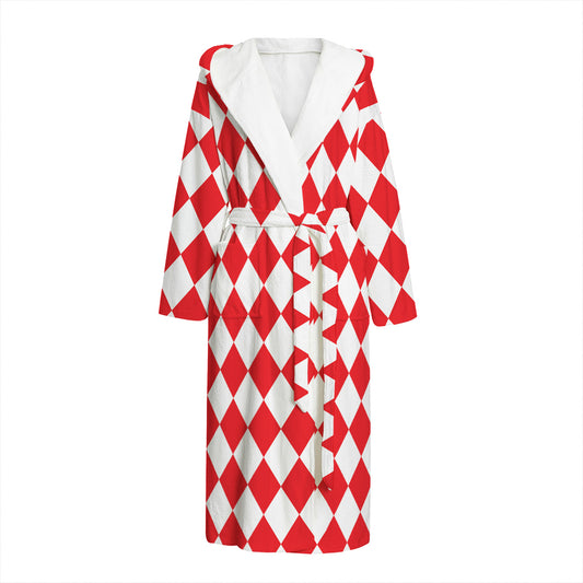 Red And White Harlequin Pattern Print Hooded Bathrobe