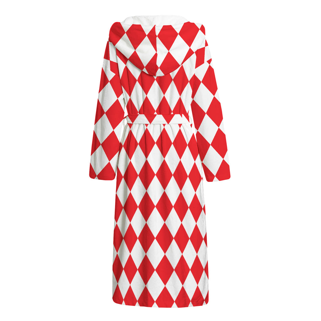 Red And White Harlequin Pattern Print Hooded Bathrobe