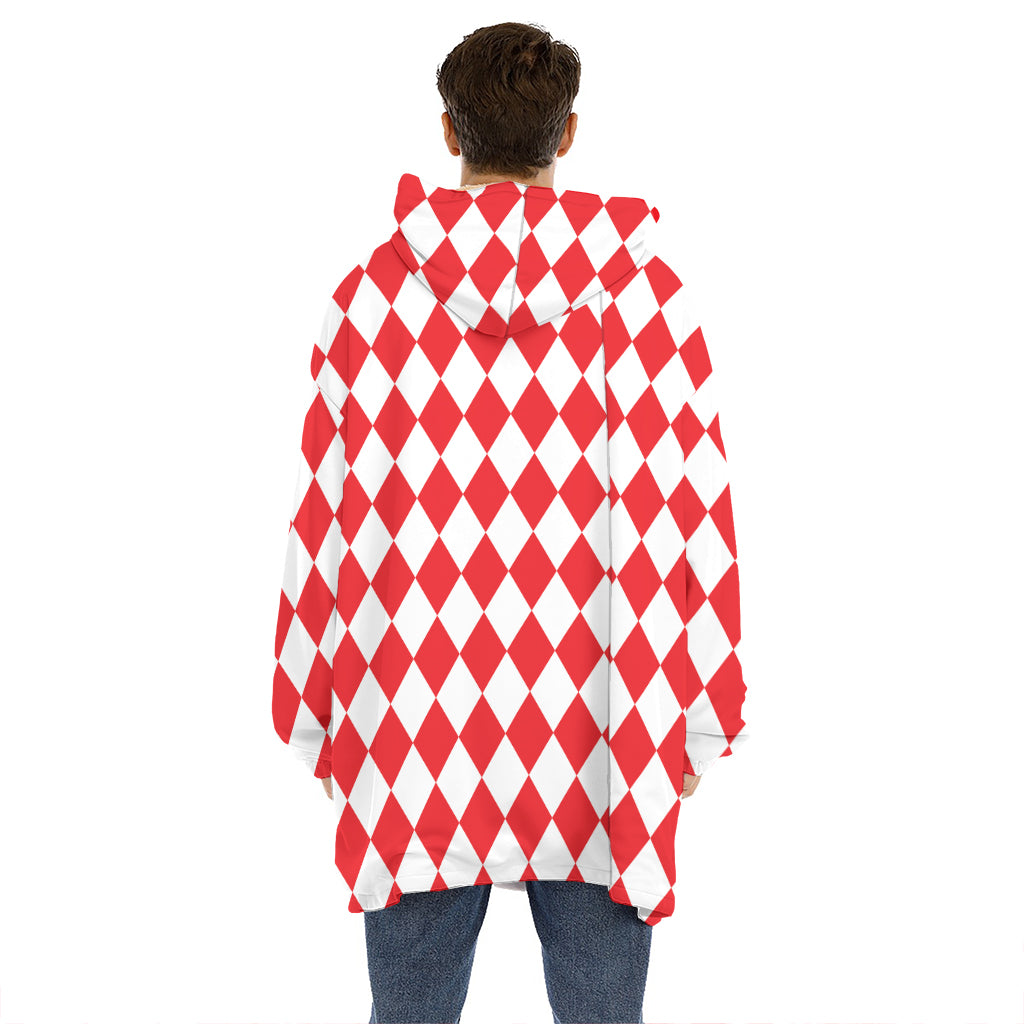 Red And White Harlequin Pattern Print Hoodie Blanket