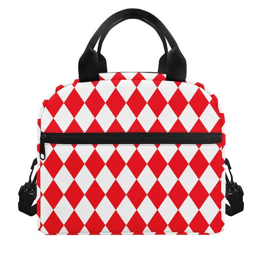 Red And White Harlequin Pattern Print Insulated Lunch Bag