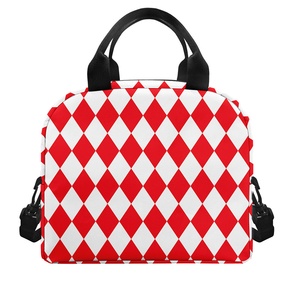 Red And White Harlequin Pattern Print Insulated Lunch Bag