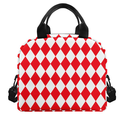 Red And White Harlequin Pattern Print Insulated Lunch Bag