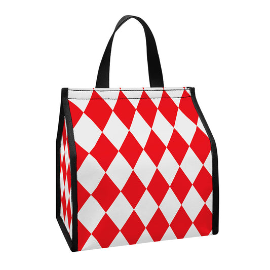 Red And White Harlequin Pattern Print Insulated Lunch Tote