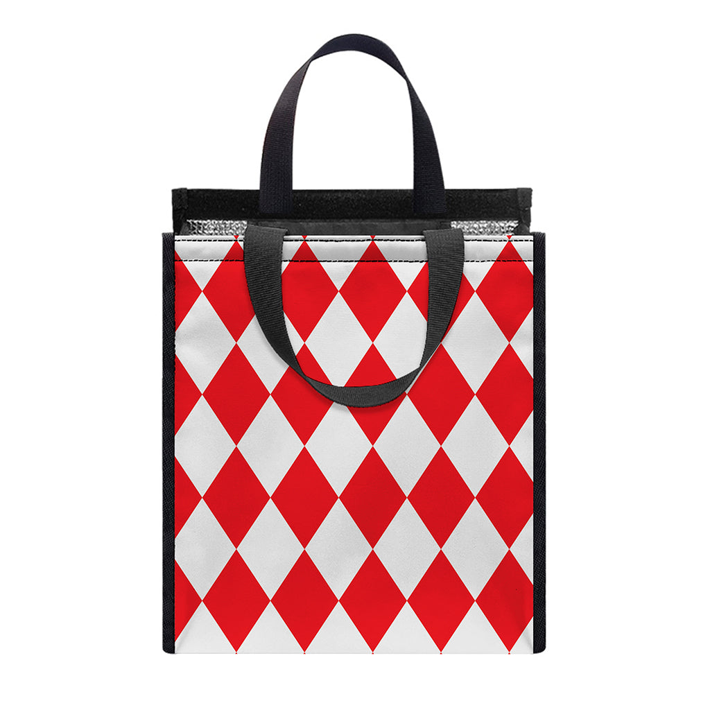 Red And White Harlequin Pattern Print Insulated Lunch Tote