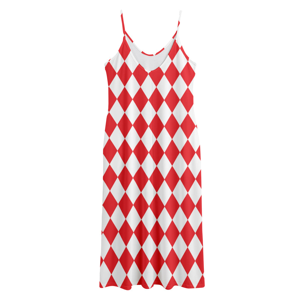 Red And White Harlequin Pattern Print Jersey Midi Cami Dress