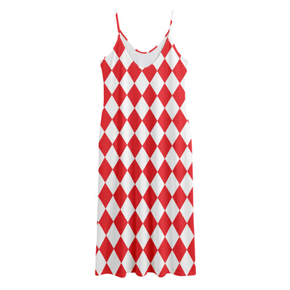 Red And White Harlequin Pattern Print Jersey Midi Cami Dress