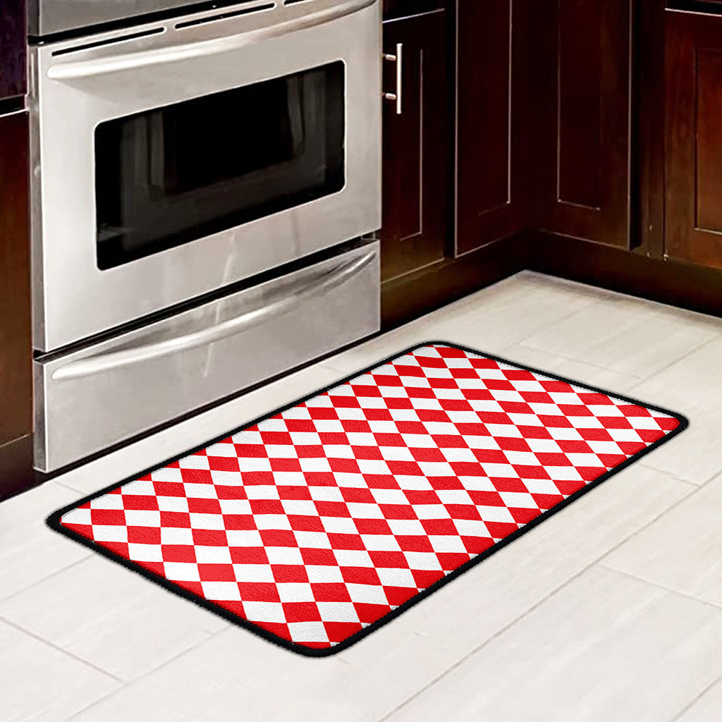 Red And White Harlequin Pattern Print Kitchen Mat