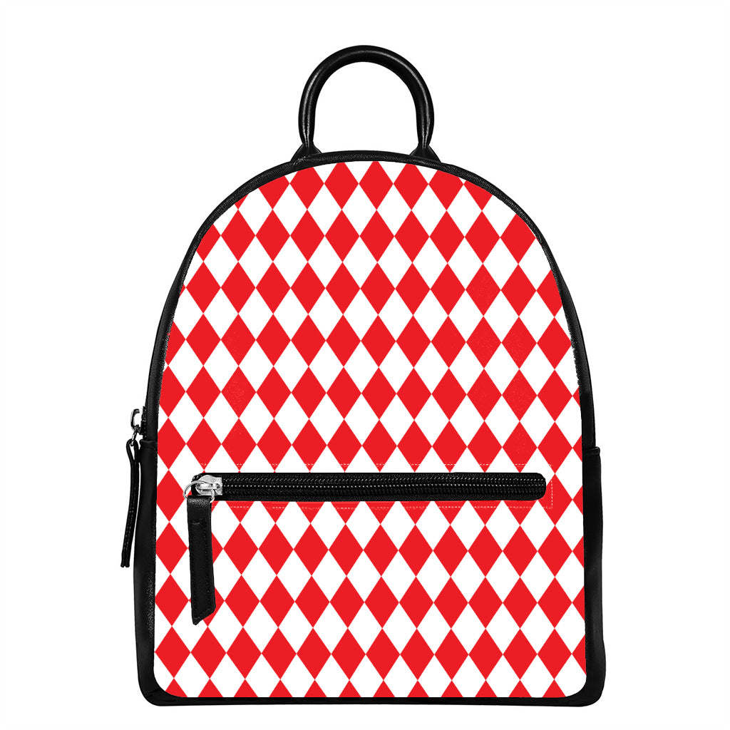Red And White Harlequin Pattern Print Leather Backpack