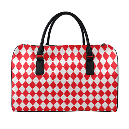 Red And White Harlequin Pattern Print Leather Duffle Bag