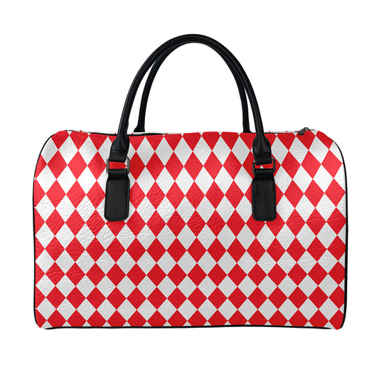 Red And White Harlequin Pattern Print Leather Duffle Bag