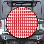 Red And White Harlequin Pattern Print Leather Spare Tire Cover
