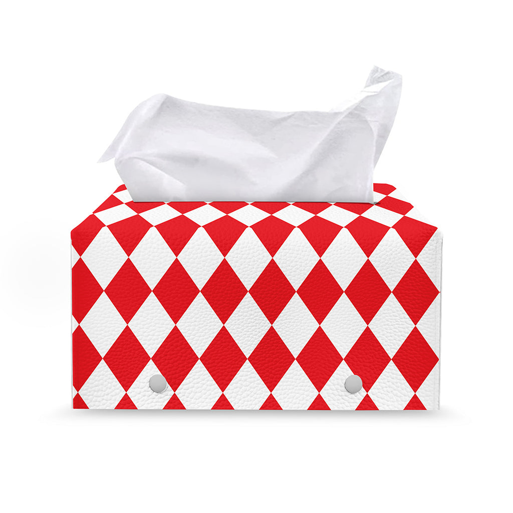 Red And White Harlequin Pattern Print Leather Tissue Box Cover