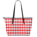 Red And White Harlequin Pattern Print Leather Tote Bag With Zipper